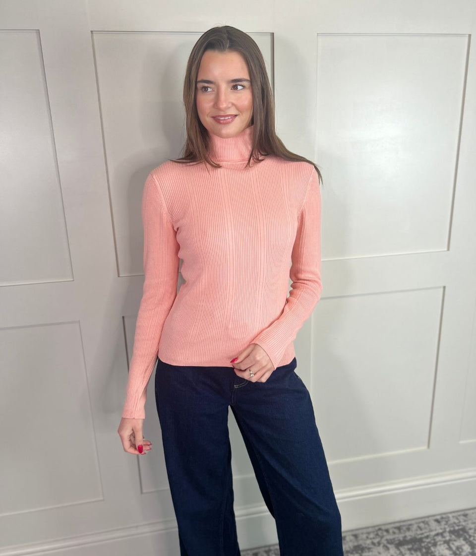 Peach Fine Ribbed Polo Jumper