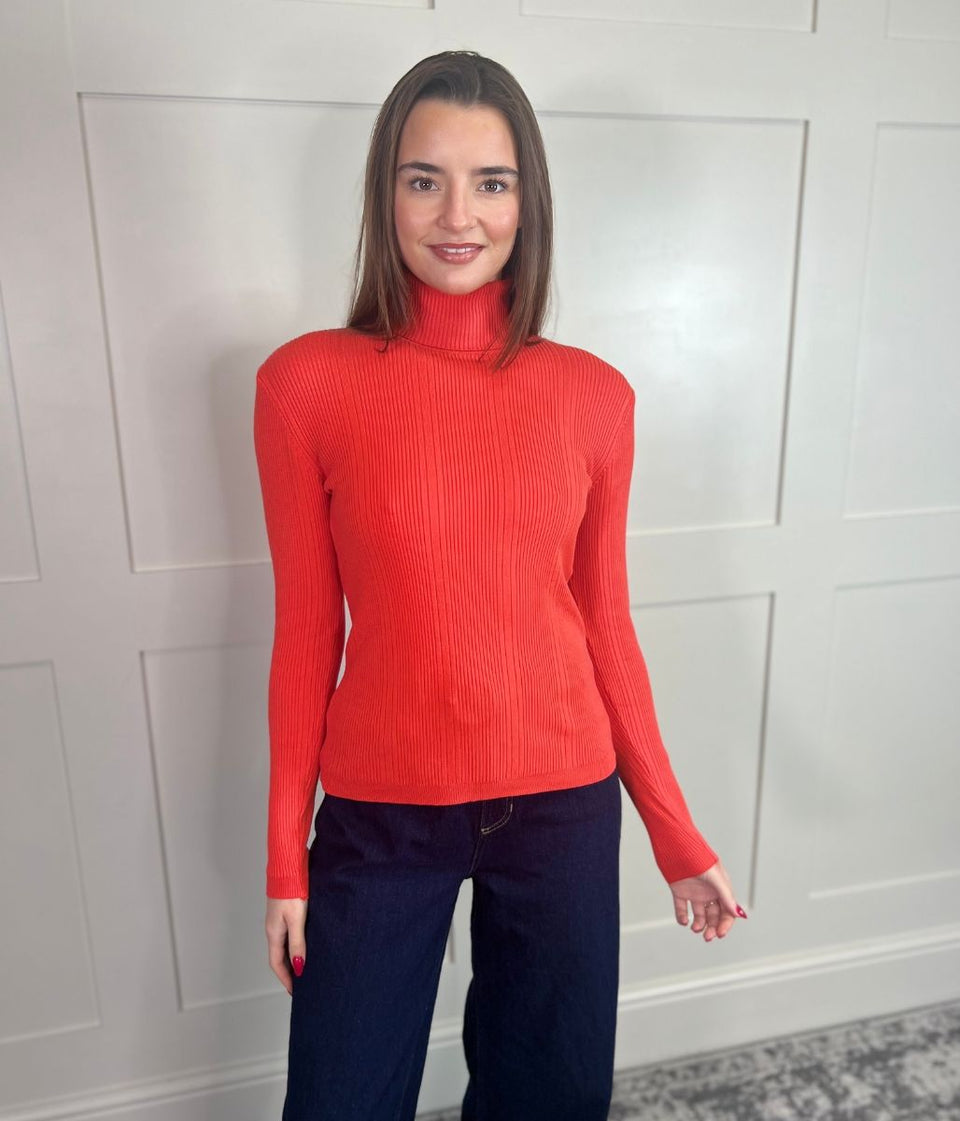 Orange Fine Ribbed Polo Jumper