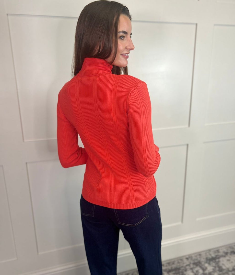 Orange Fine Ribbed Polo Jumper