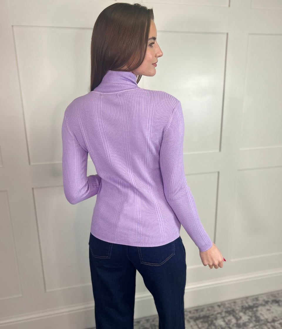 Lilac Fine Ribbed Polo Jumper