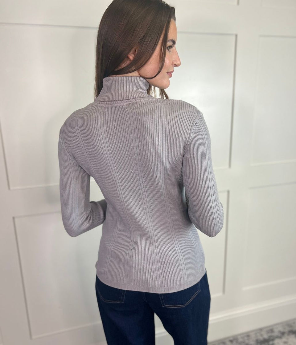 Grey Fine Ribbed Polo Jumper