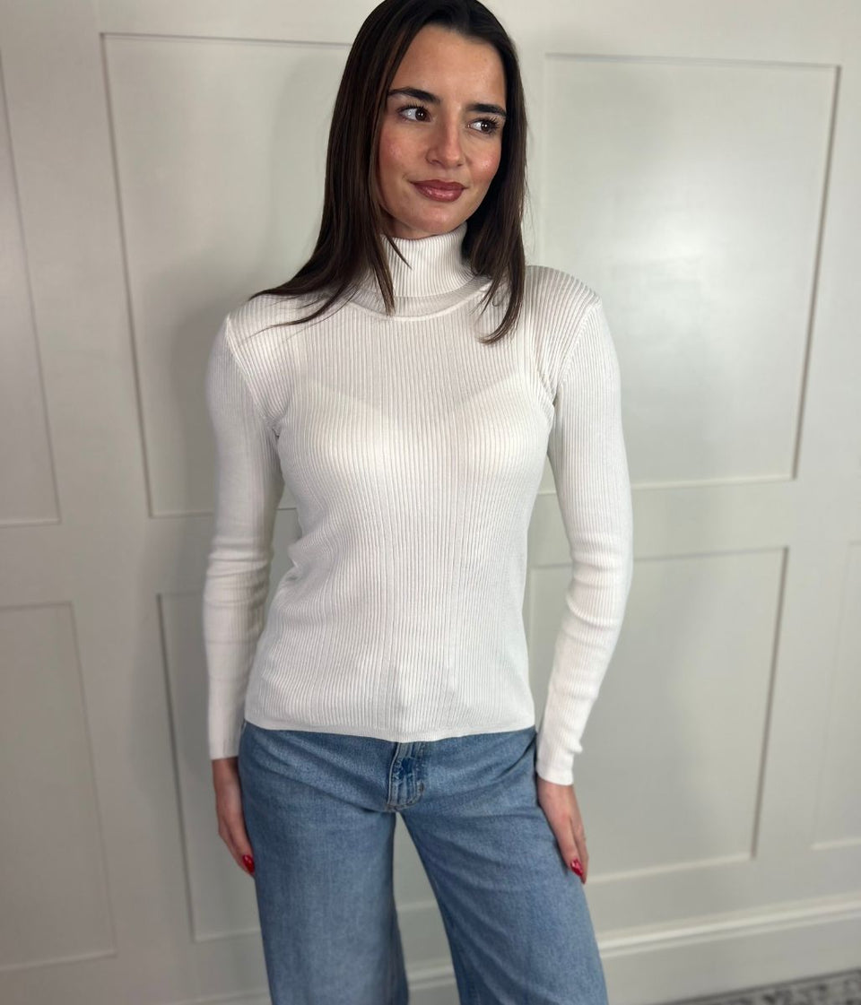 Ivory Fine Ribbed Polo Jumper