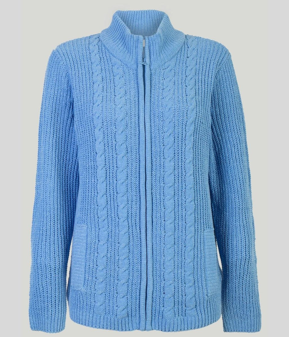 Blue Chenille Cable Zip Cardigan