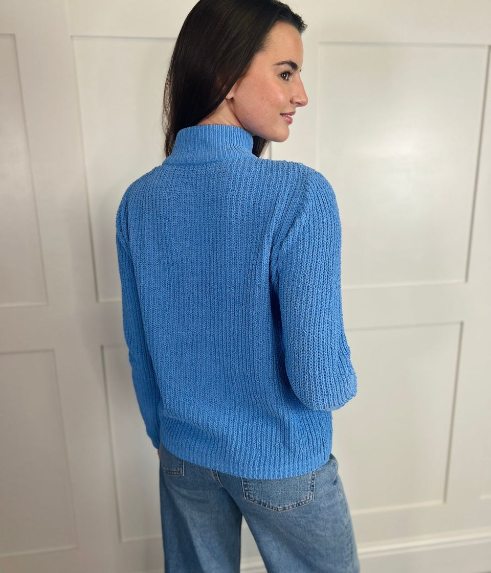 Blue Chenille Cable Zip Cardigan