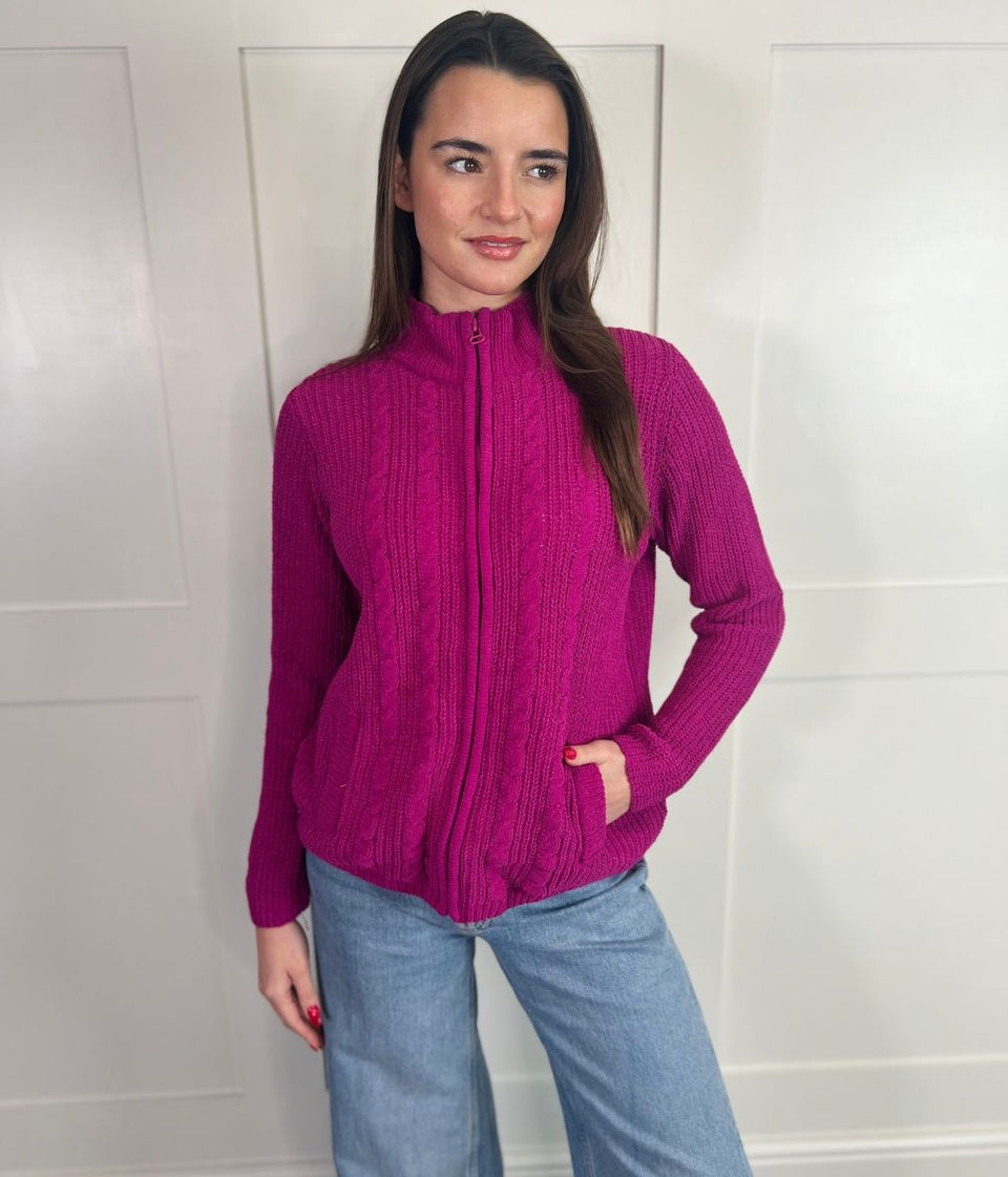 Cerise Chenille Cable Zip Cardigan