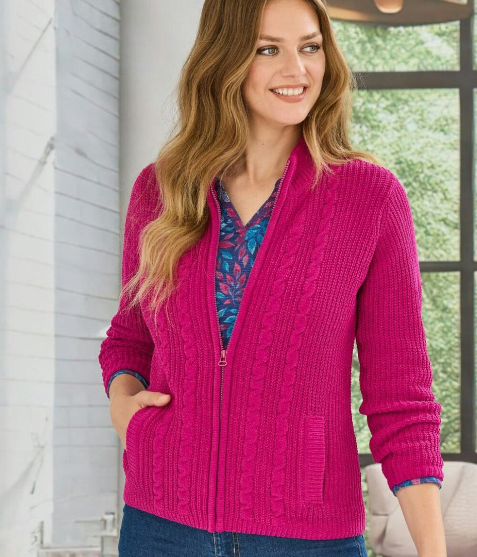 Cerise Chenille Cable Zip Cardigan