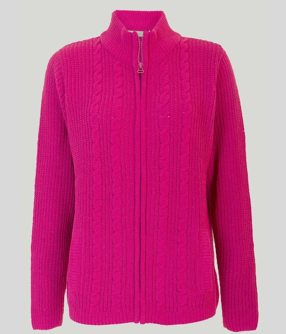 Cerise Chenille Cable Zip Cardigan