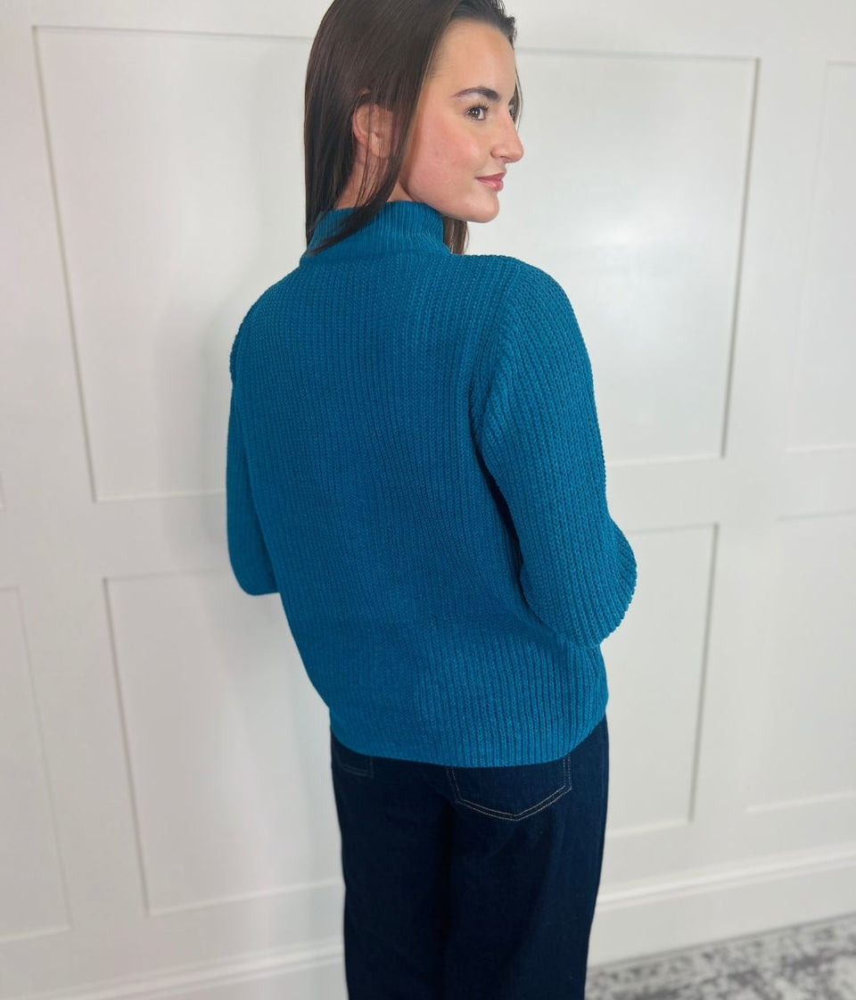 Teal Chenille Cable Zip Cardigan