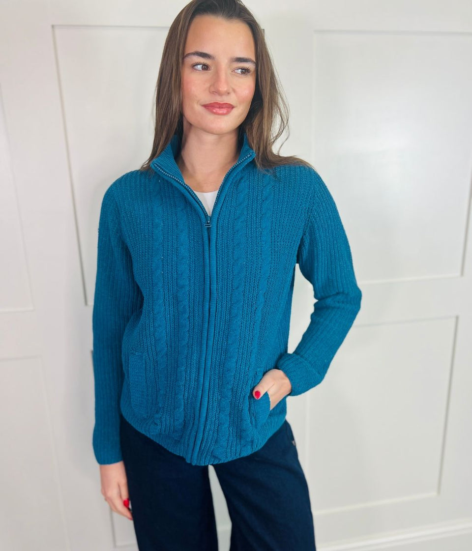 Teal Chenille Cable Zip Cardigan