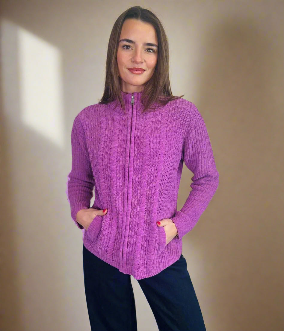 Purple Chenille Cable Zip Cardigan