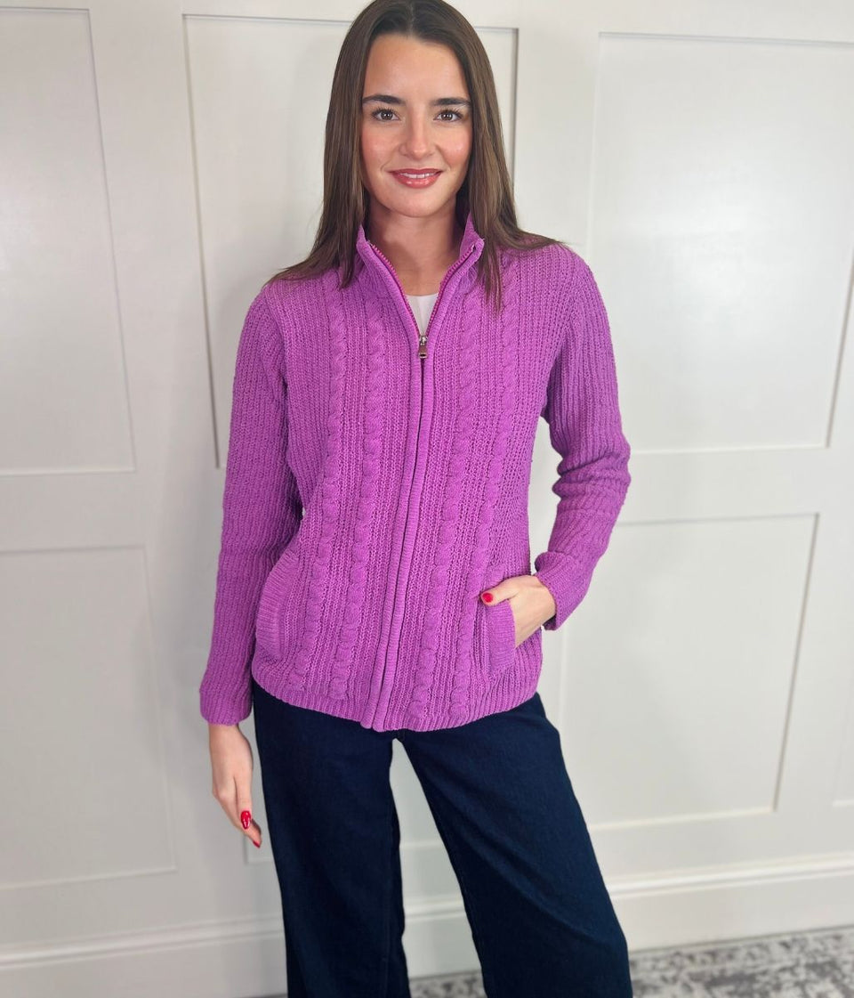 Purple Chenille Cable Zip Cardigan