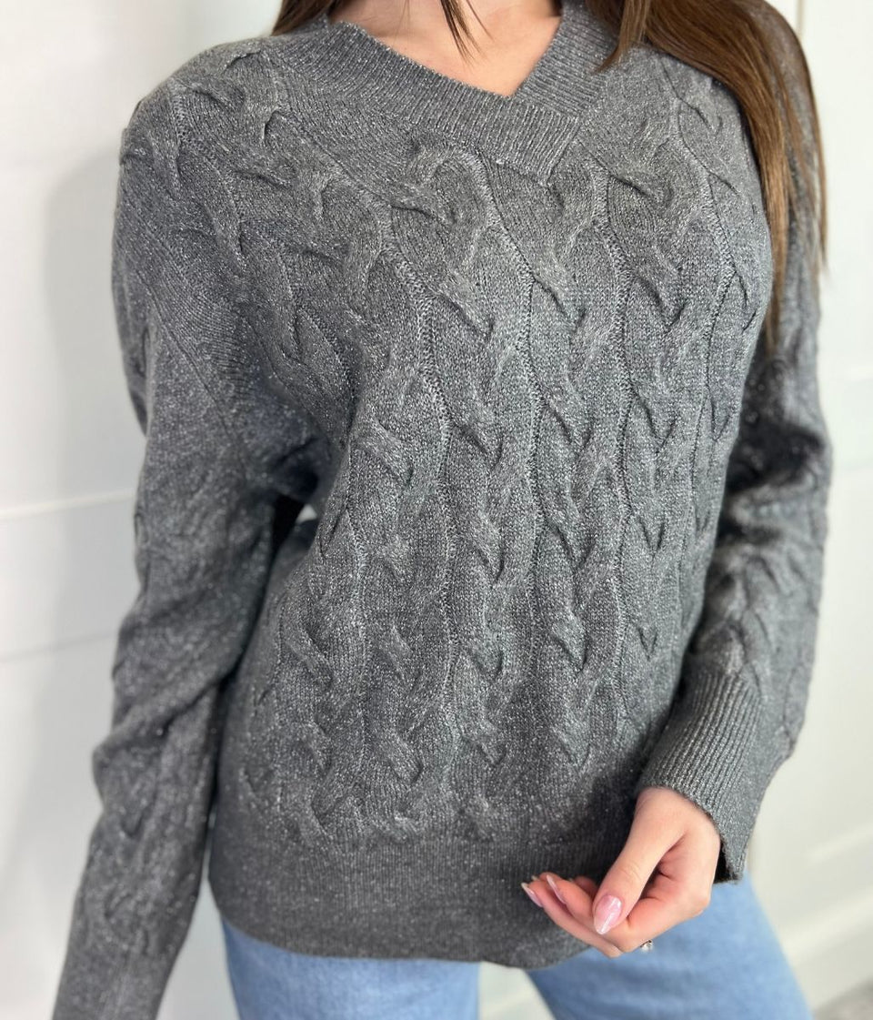 Grey Sparkle Cable Knit Jumper