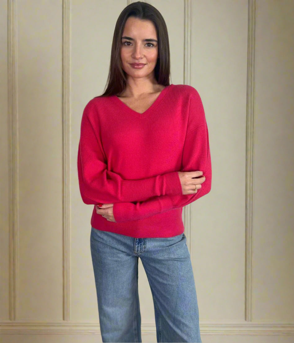 Pink Fine Ribbed V Neck Jumper