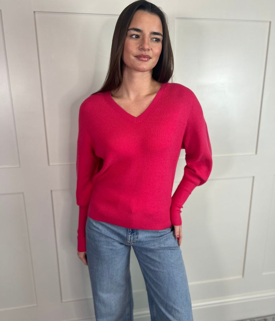 Pink Fine Ribbed V Neck Jumper