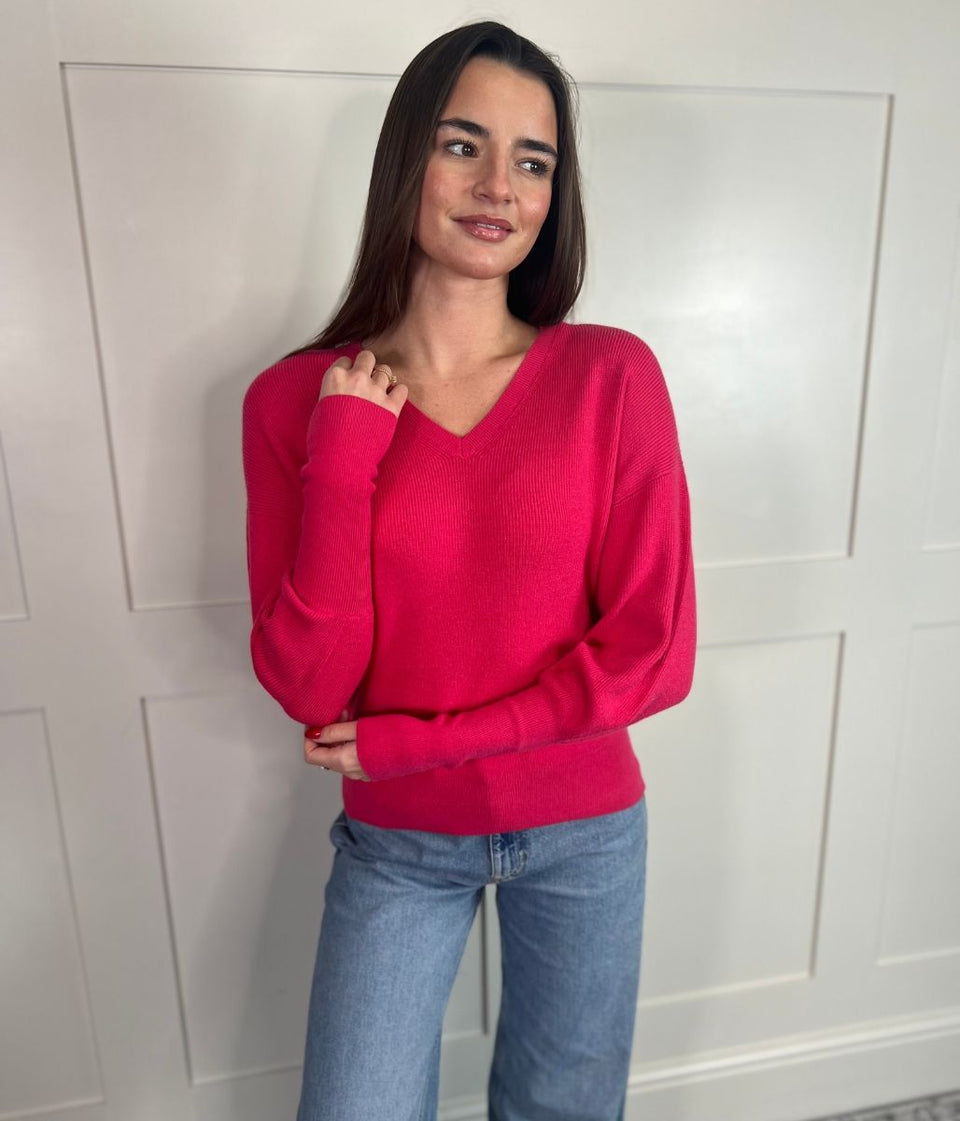 Pink Fine Ribbed V Neck Jumper