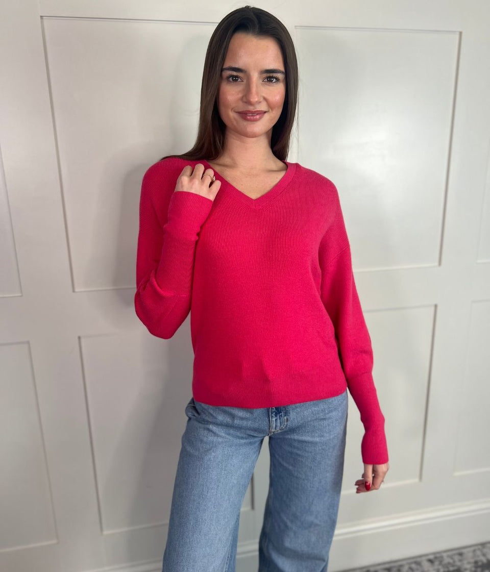 Pink Fine Ribbed V Neck Jumper