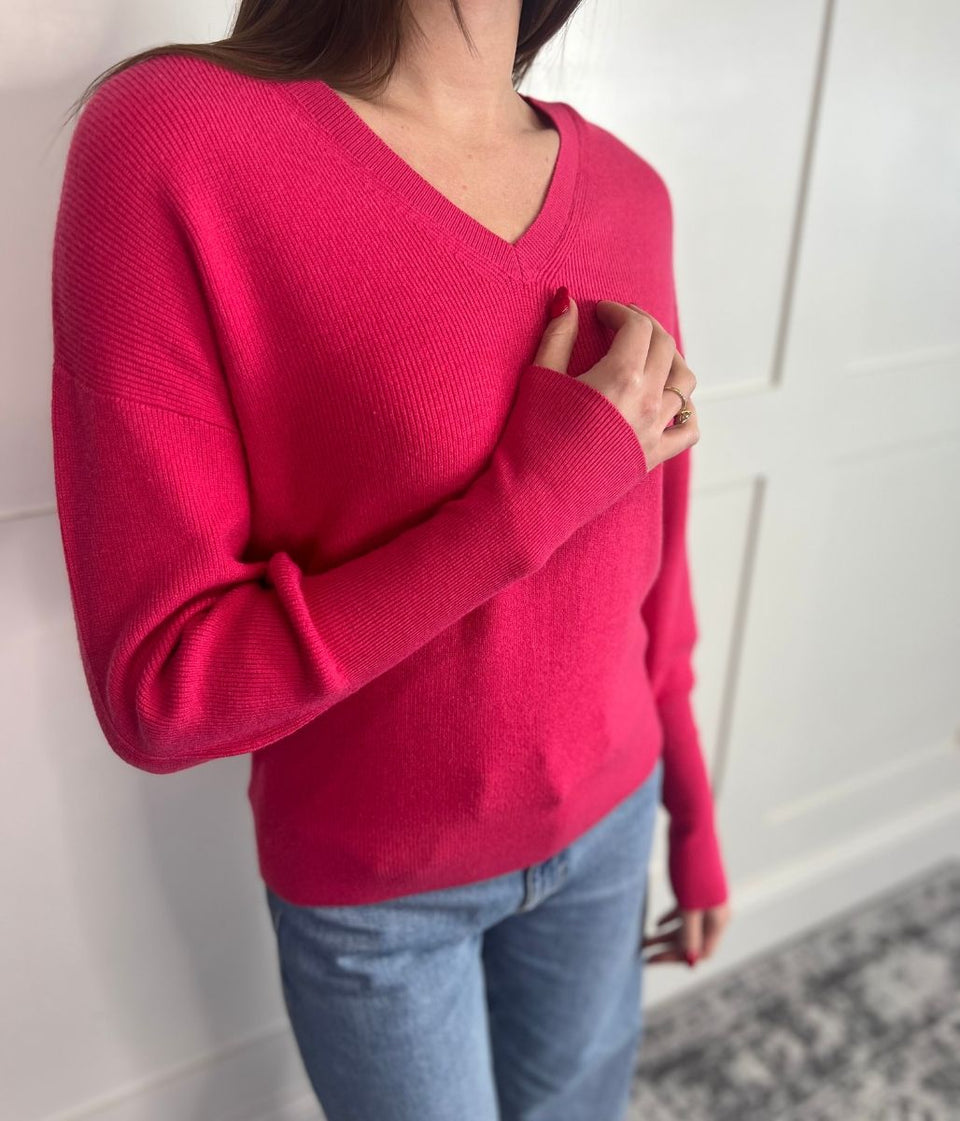 Pink Fine Ribbed V Neck Jumper