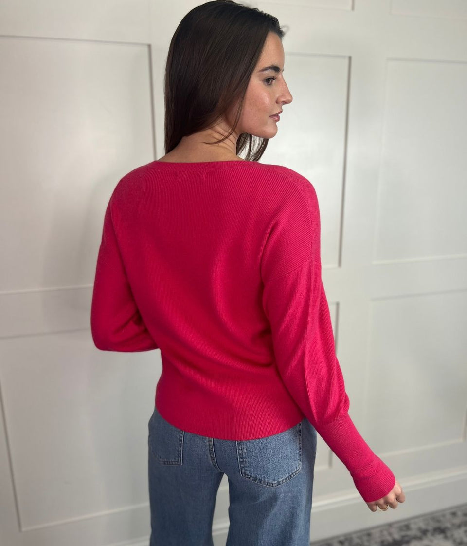 Pink Fine Ribbed V Neck Jumper