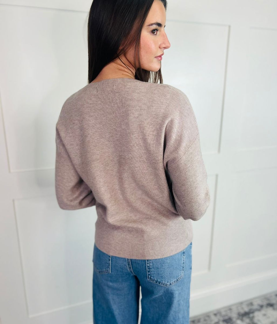 Oatmeal Fine Ribbed V Neck Jumper