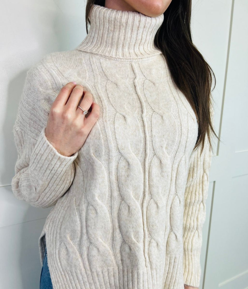 Naf Naf Ecru Roll Neck Cable Knit Jumper