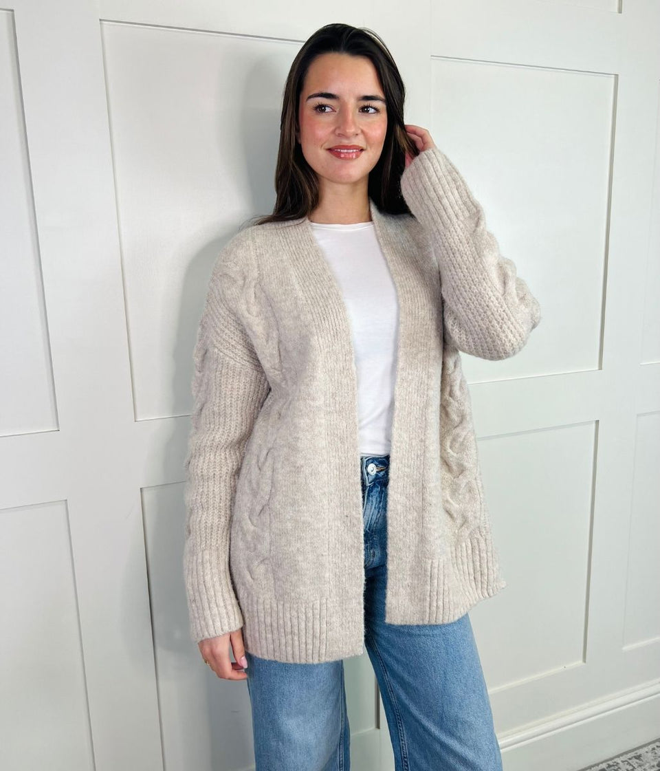 Stone Cable Contrast Open Cardigan