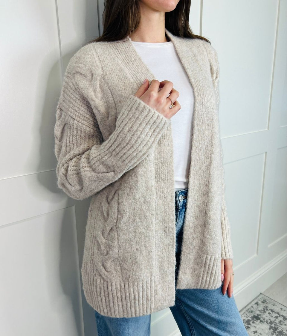 Stone Cable Contrast Open Cardigan