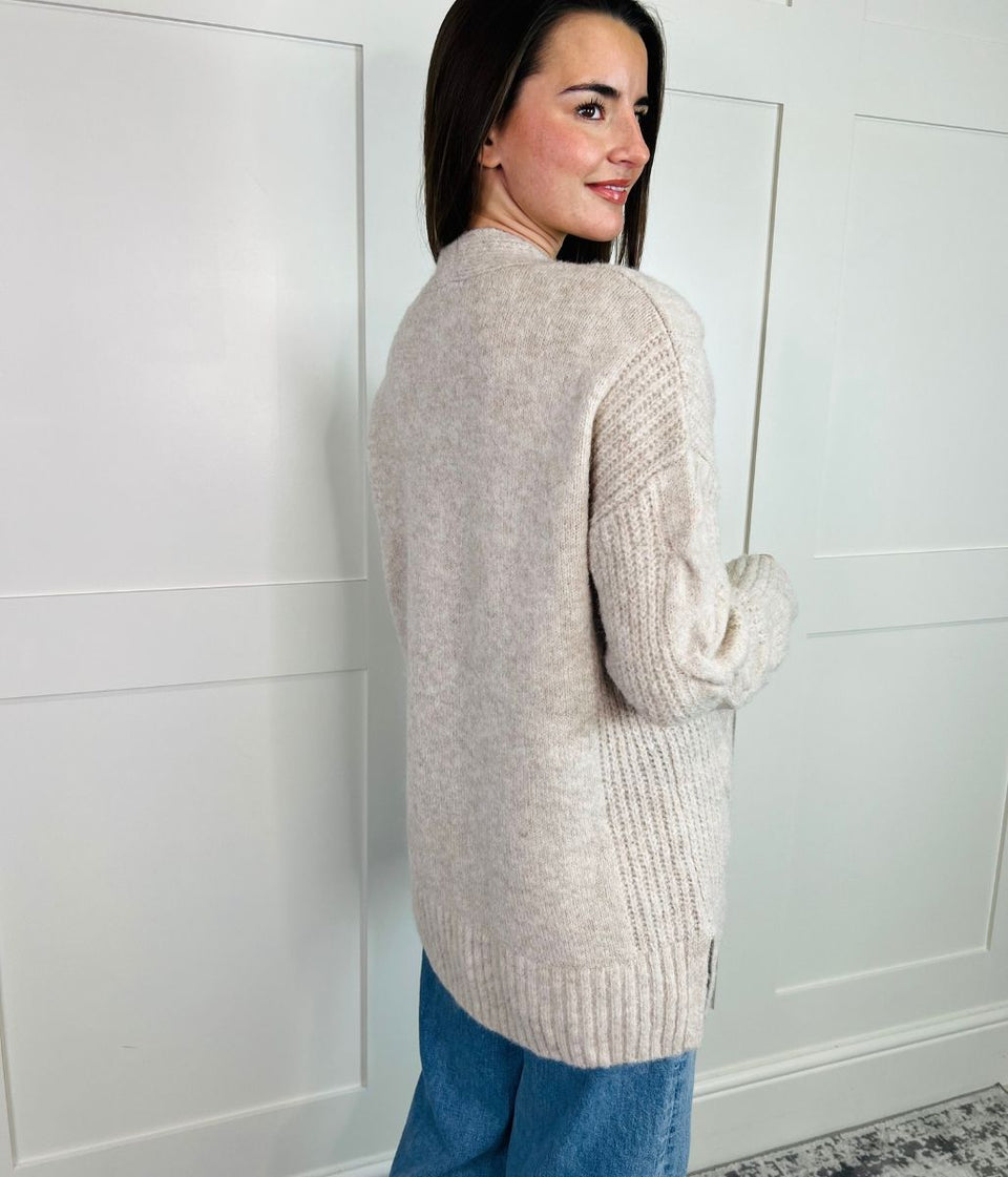 Stone Cable Contrast Open Cardigan