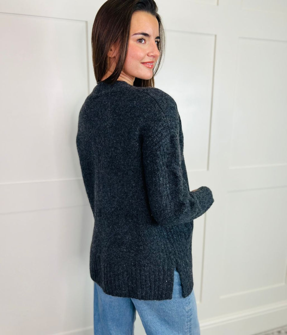 Charcoal Cable Contrast Open Cardigan