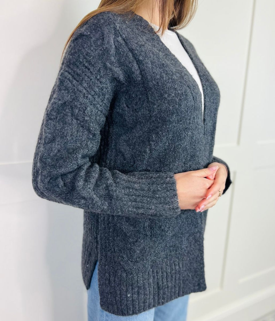 Charcoal Cable Contrast Open Cardigan