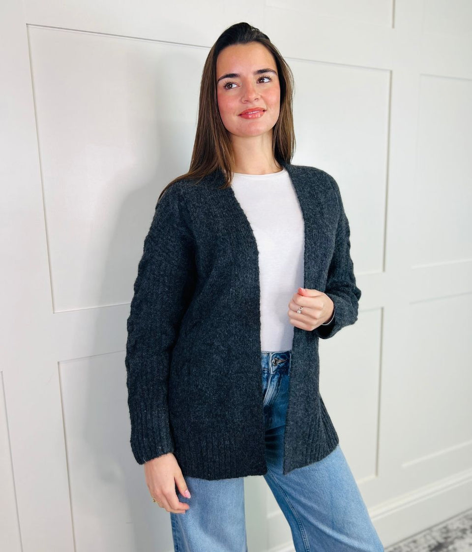 Charcoal Cable Contrast Open Cardigan