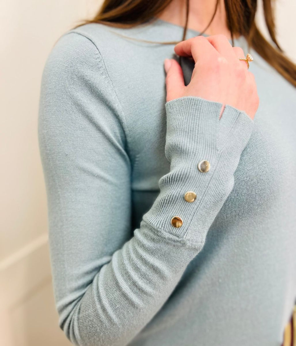 Sage Fine Knit Button Cuff Jumper