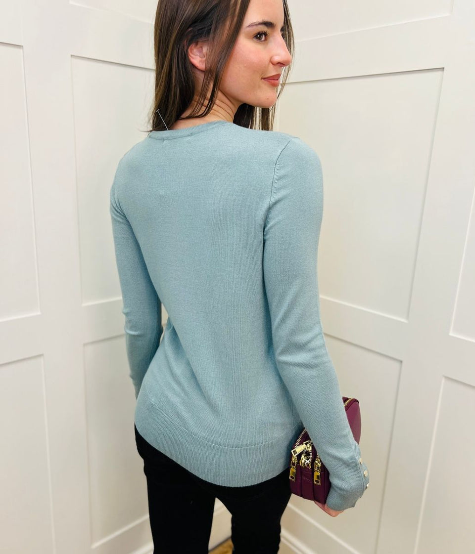 Sage Fine Knit Button Cuff Jumper