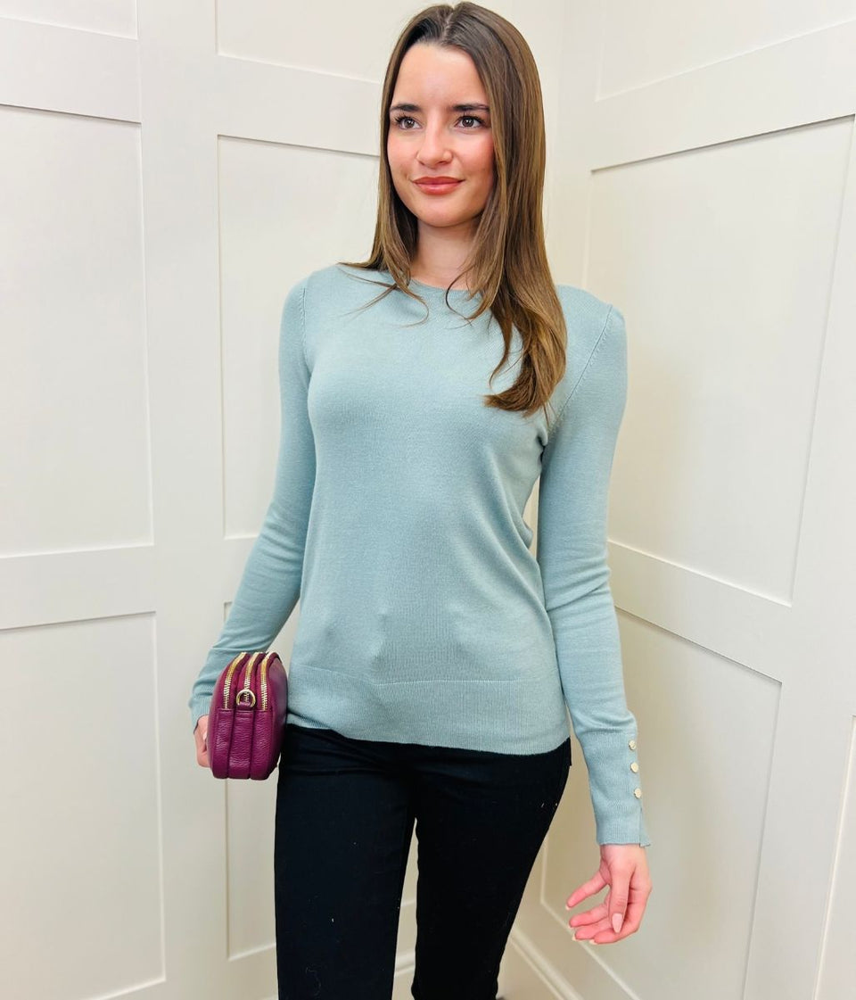 Sage Fine Knit Button Cuff Jumper