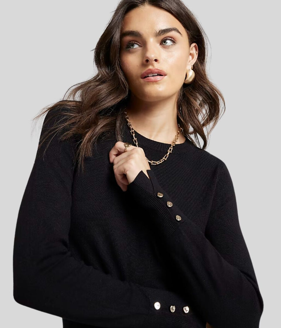 Black Fine Knit Button Cuff Jumper