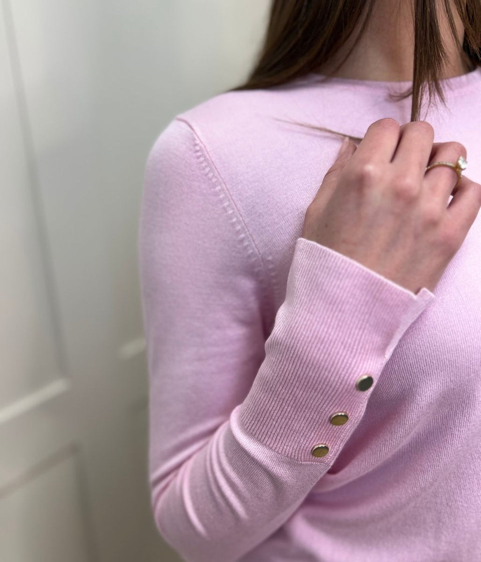 Pink Fine Knit Button Cuff Jumper