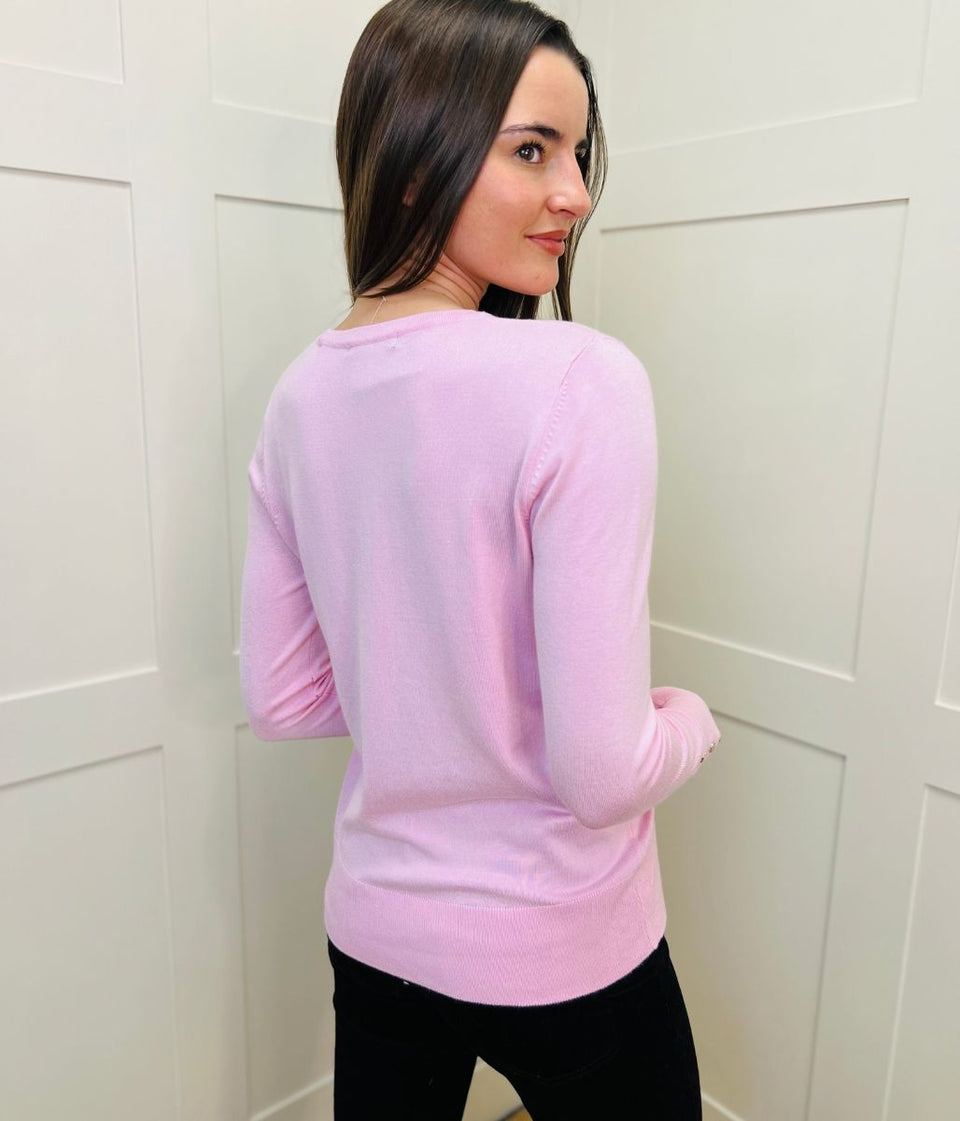 Pink Fine Knit Button Cuff Jumper