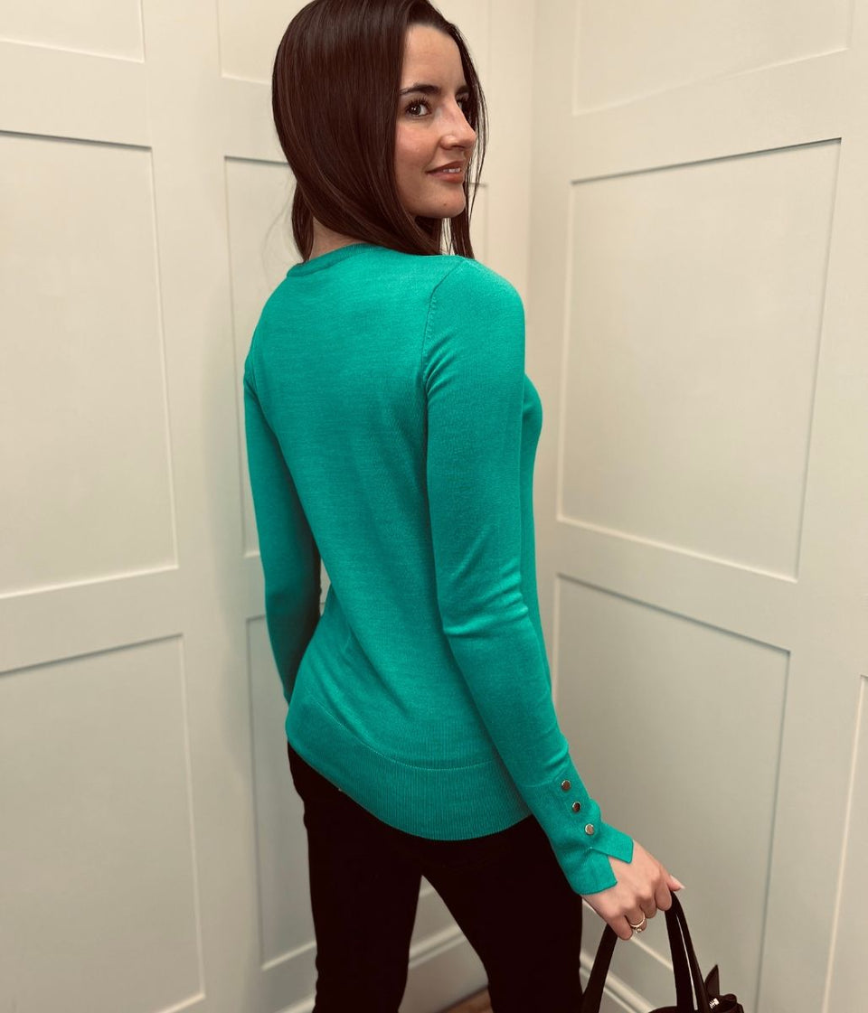 Green Fine Knit Button Cuff Jumper