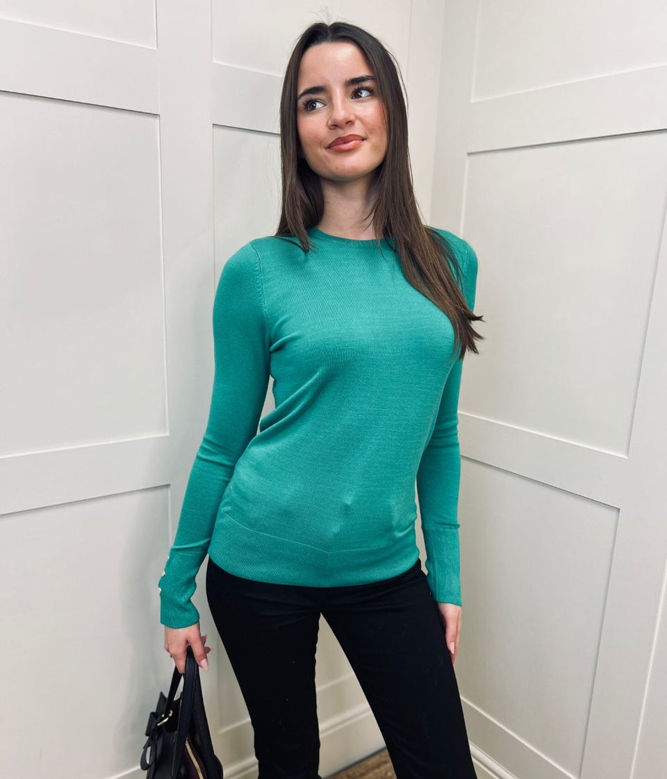 Green Fine Knit Button Cuff Jumper