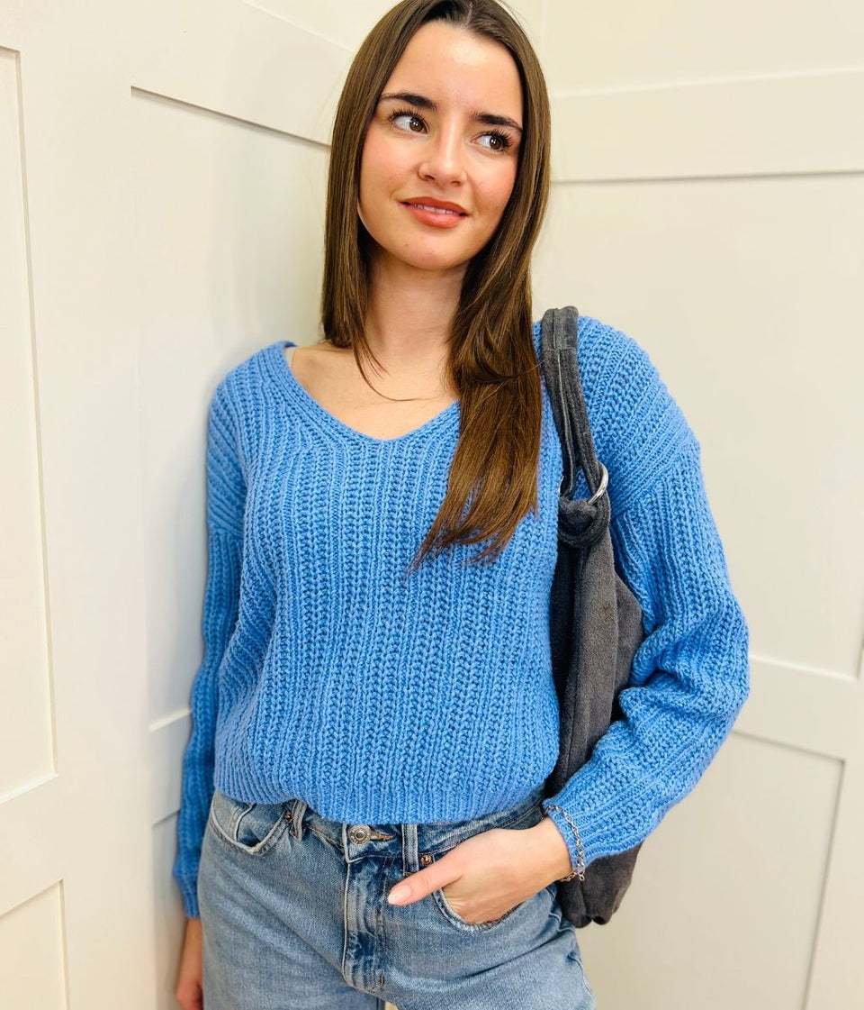 Blue Slouchy Knit V Neck Jumper