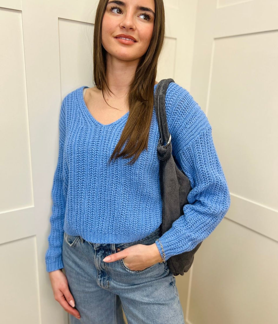 Blue Slouchy Knit V Neck Jumper