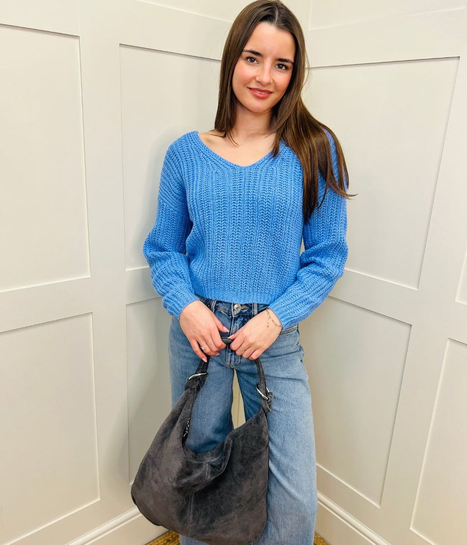 Blue Slouchy Knit V Neck Jumper