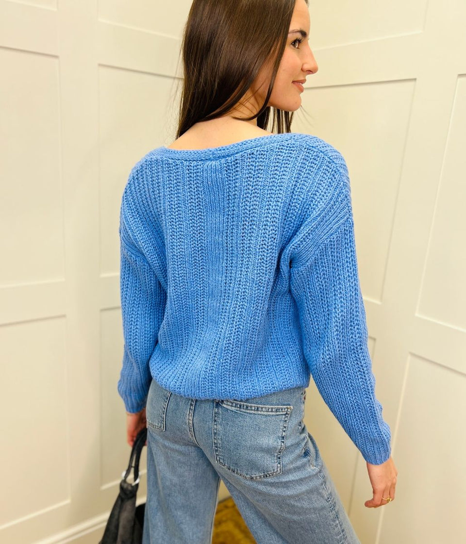 Blue Slouchy Knit V Neck Jumper