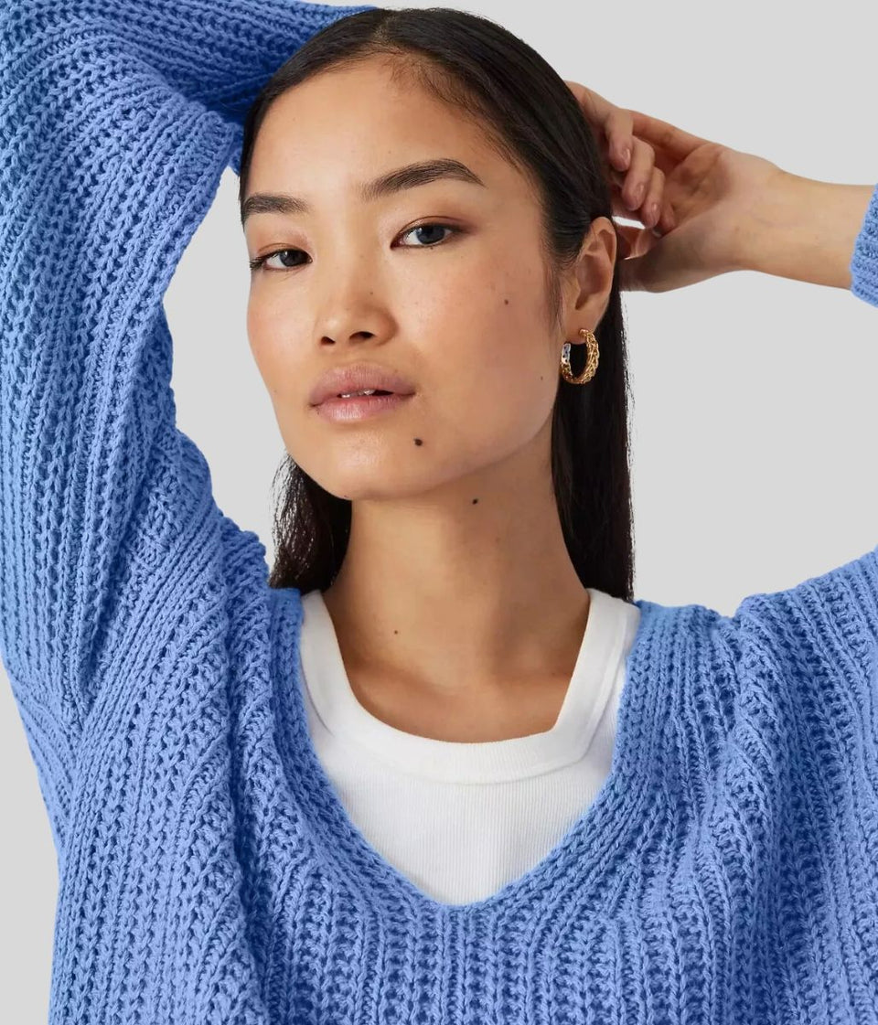 Blue Slouchy Knit V Neck Jumper