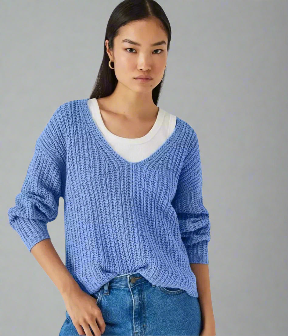 Blue Slouchy Knit V Neck Jumper