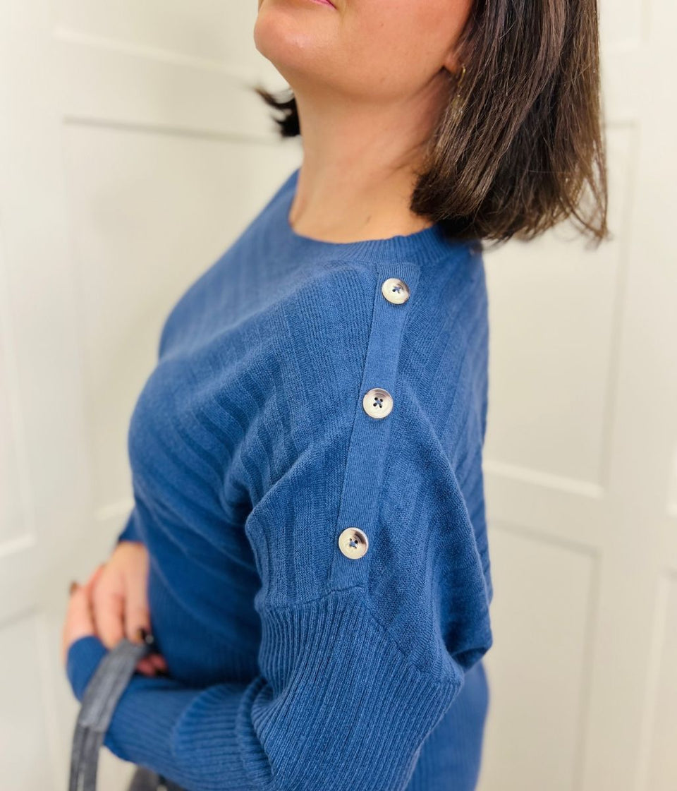 Blue Textured Contrast Button Shoulder Jumper