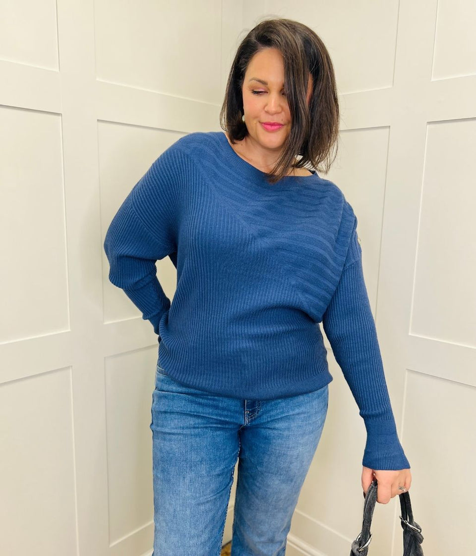 Blue Textured Contrast Button Shoulder Jumper