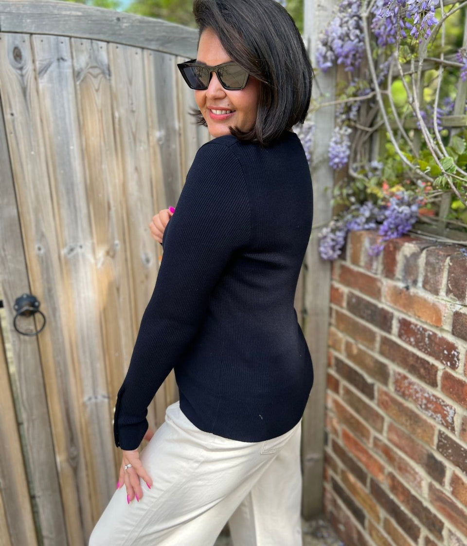 Black Ribbed Button Cuff Jumper