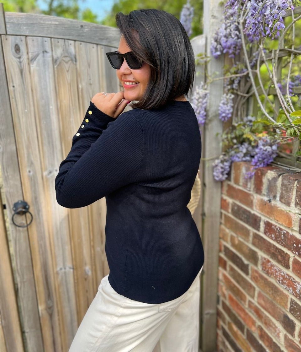 Black Ribbed Button Cuff Jumper