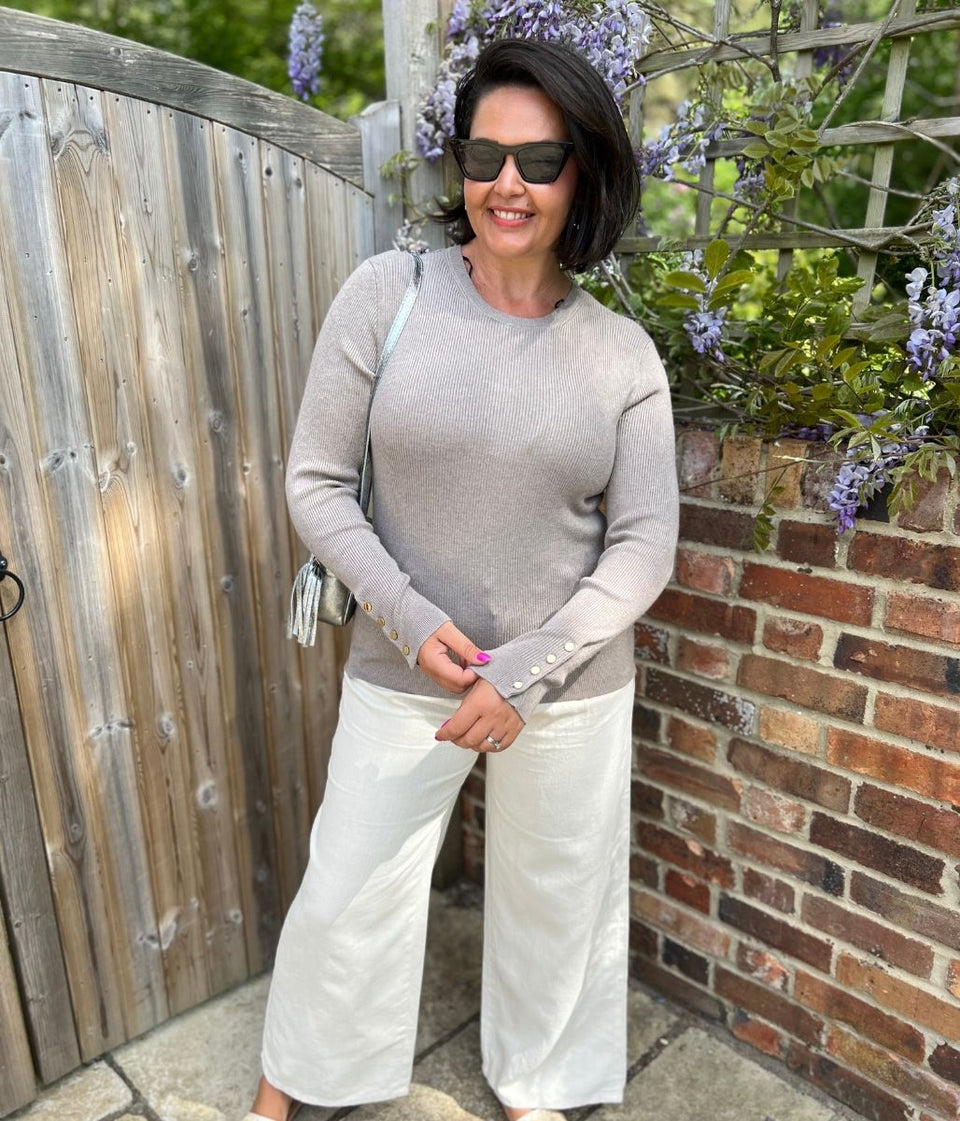 Taupe Ribbed Button Cuff Jumper