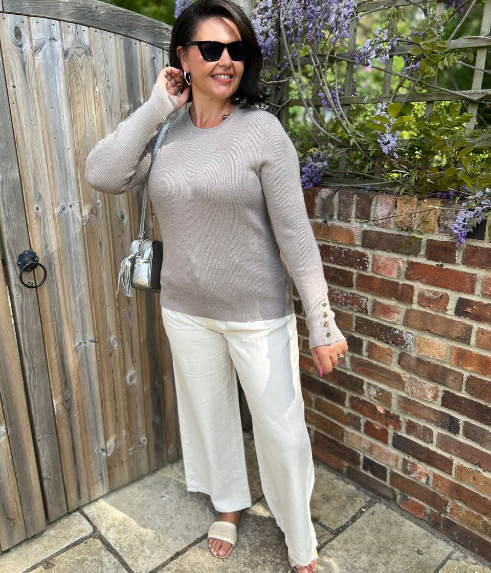 Taupe Ribbed Button Cuff Jumper